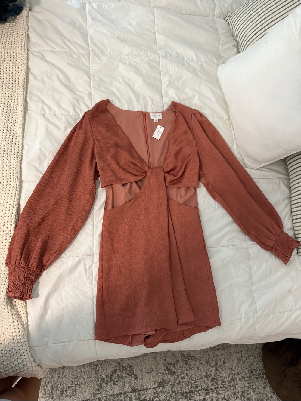 Rust Knit Long Sleeve Tie-Front Mini Dress